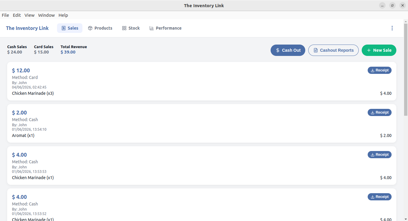 The Inventory Link desktop app showing the Sales screen