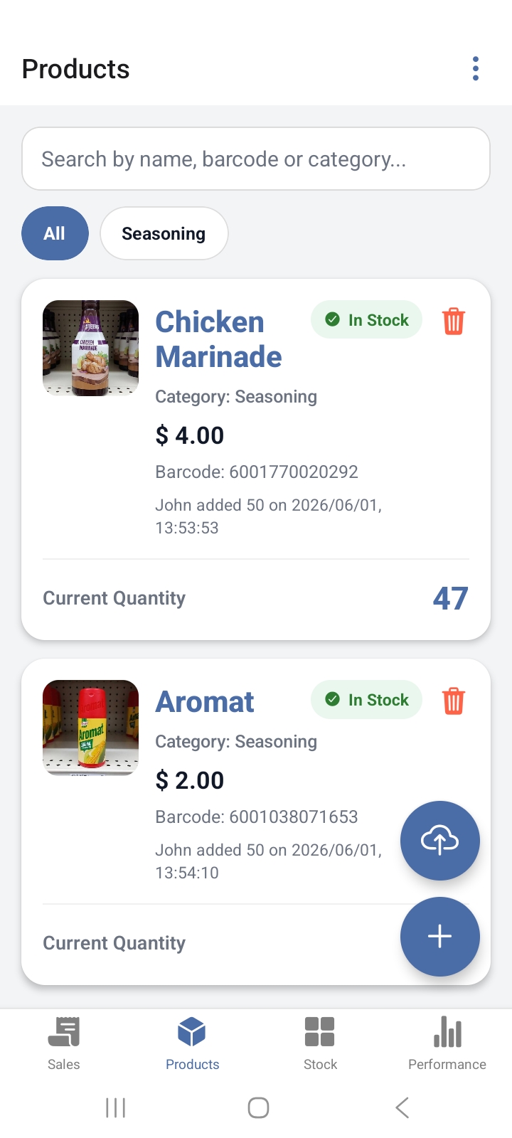 The Inventory Link mobile app — Products screen